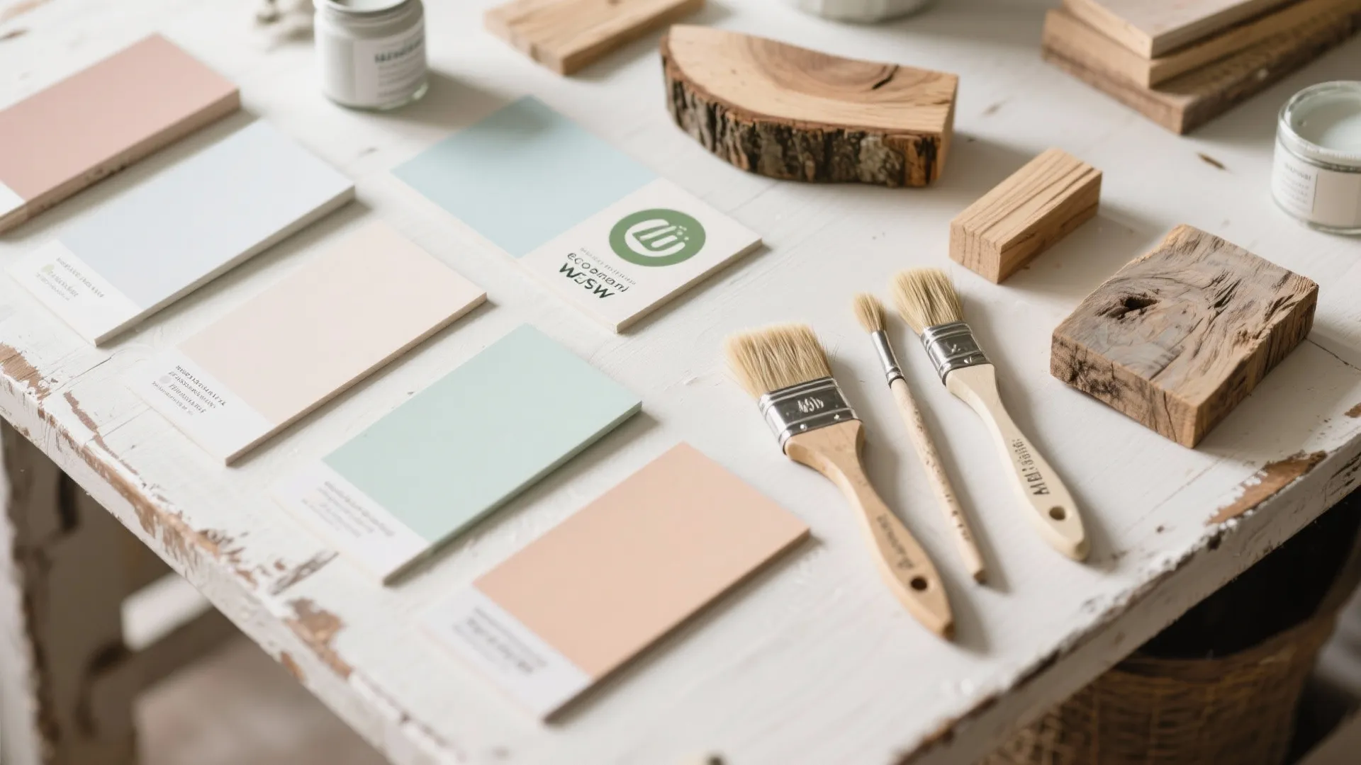 Top view of color paint samples with paint brushes and wood pieces on white table
