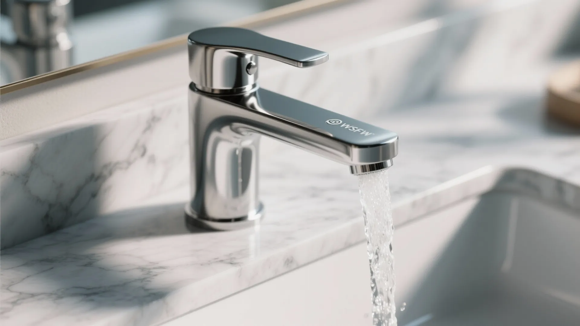 Modern chrome water tap with running water flowing into a white sink on marble countertop surface