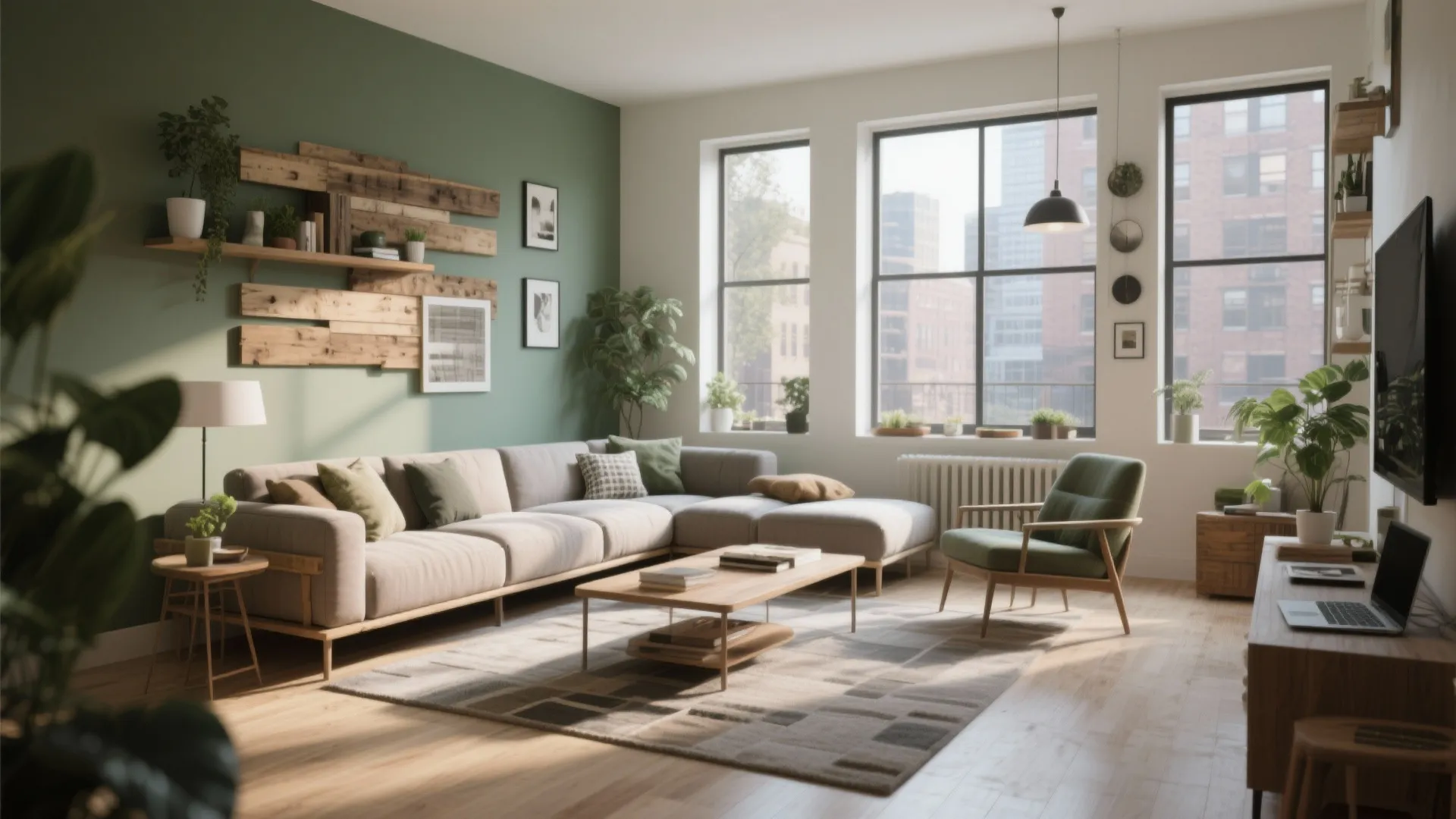 Modern living room with green wall wooden shelves grey sofa coffee table and large bright windows