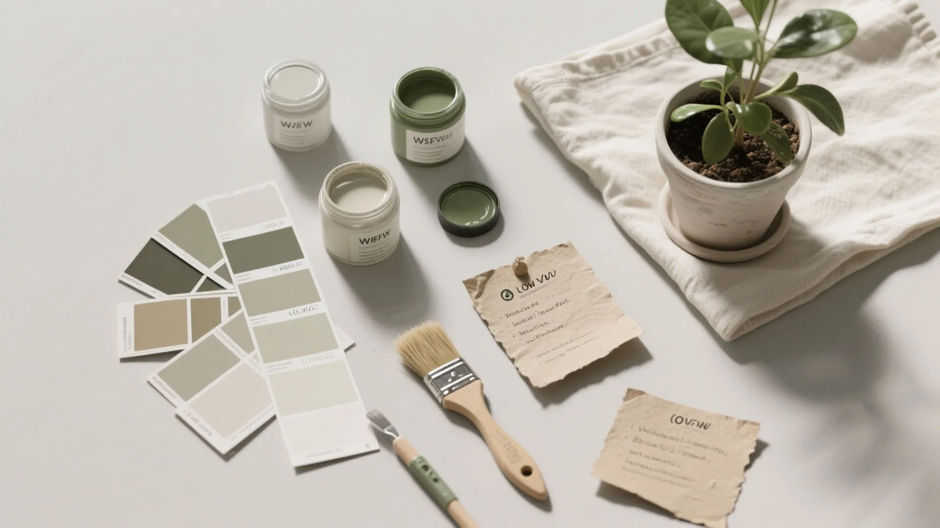Paint color samples and small jars of paint on a table with brushes and plant