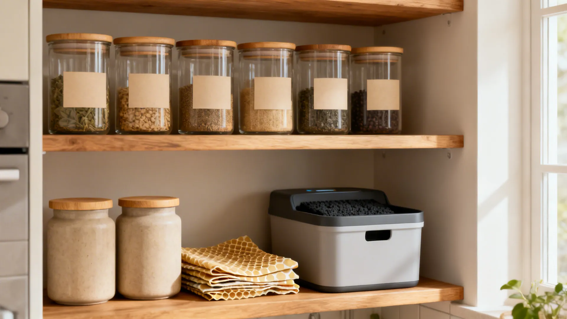 Wooden kitchen shelves with glass jars ceramic storage containers yellow beeswax wraps and grey plastic bin