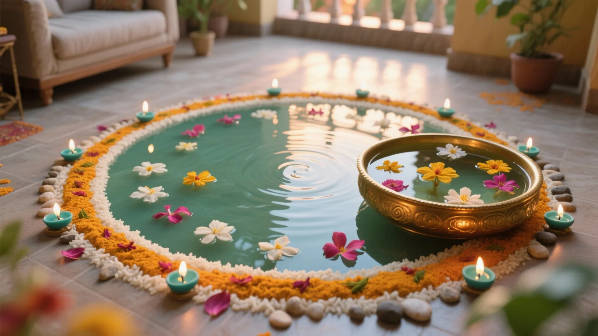 Eco-friendly rangoli and floral kunda