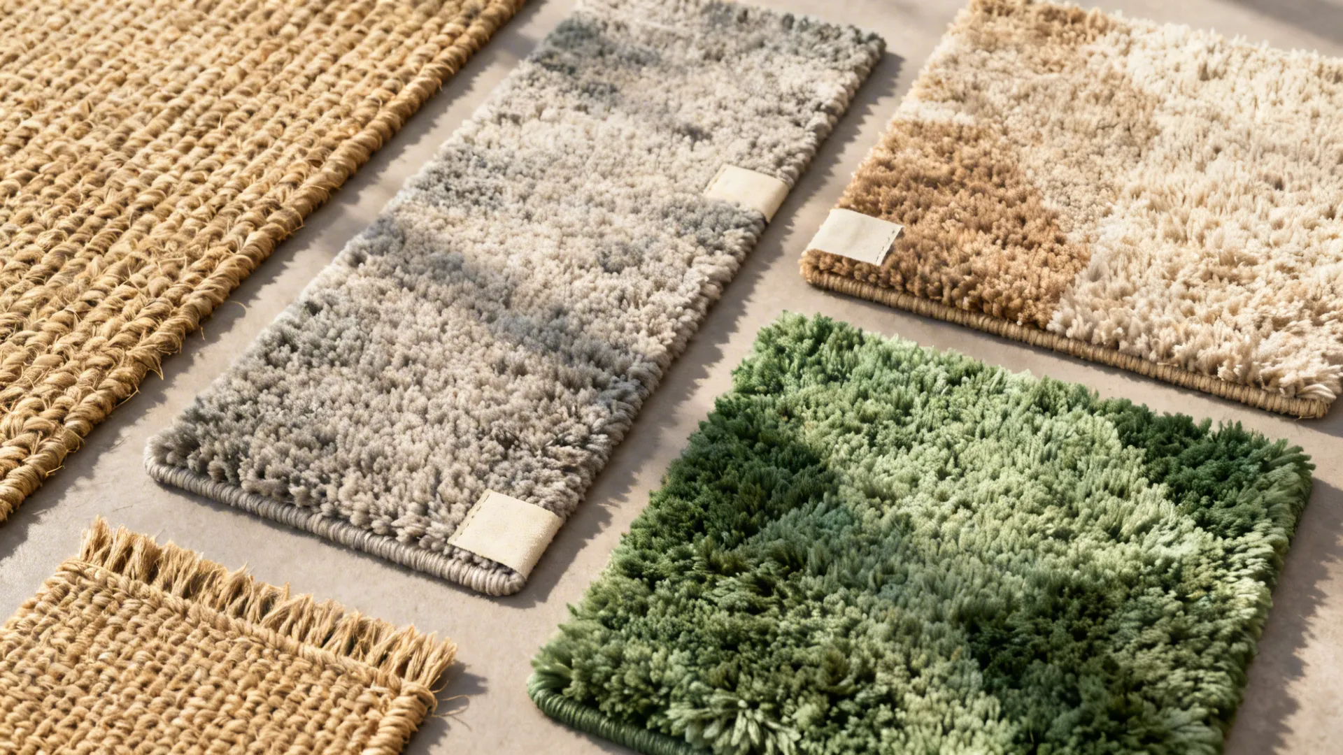 Flatlay of eco-friendly plush rug swatches including recycled polyester and jute blends