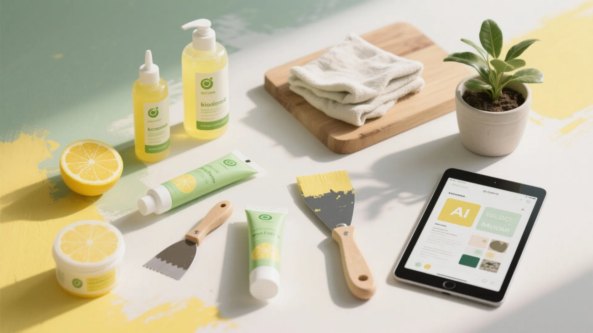 Eco-friendly cleaning supplies with lemon slices, green tubes, spray bottles, scraper, and a digital tablet