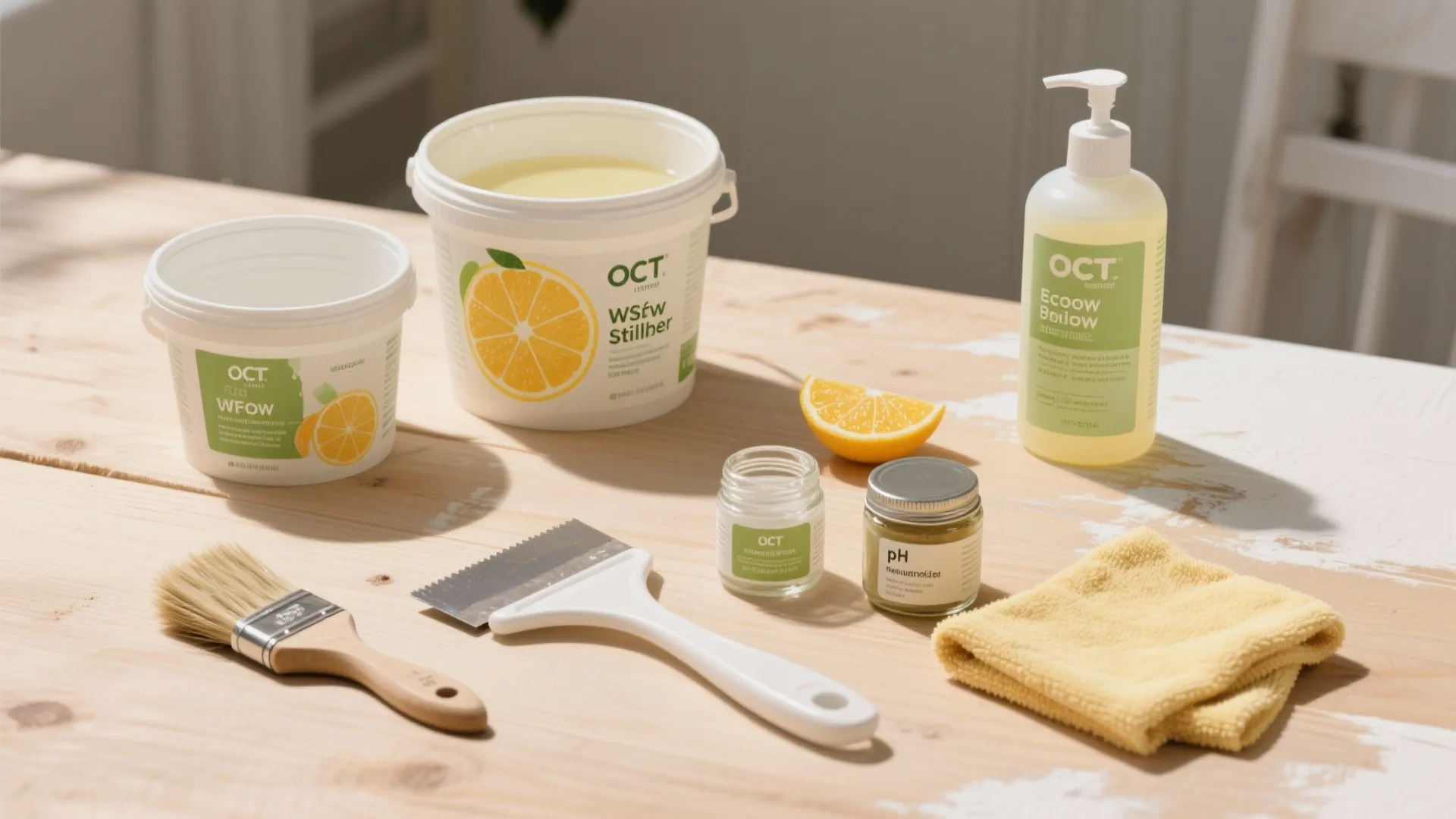 Eco friendly cleaning products with brush scraper yellow towel and orange slices on wooden table surface