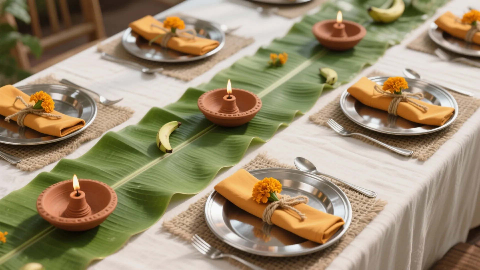 Eco-Friendly Tablescapes with Steel, Banana Leaves, and Terracotta