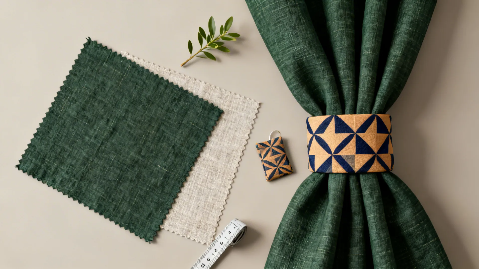 Top-down flatlay of dark green recycled fabric swatch, patterned tieback, and samples with measuring tape.