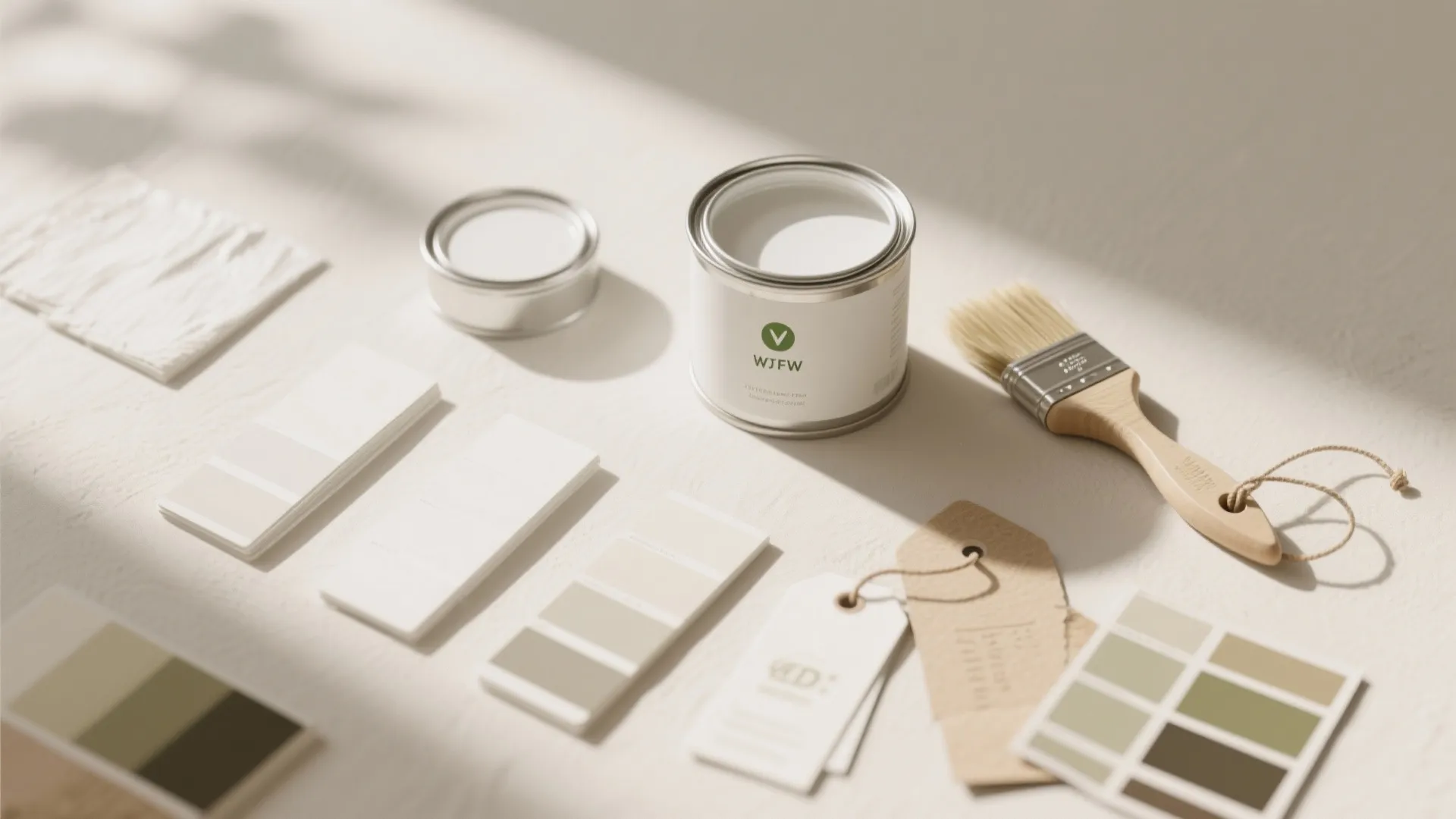 White paint can with wooden paintbrush and various neutral color swatches on light textured surface