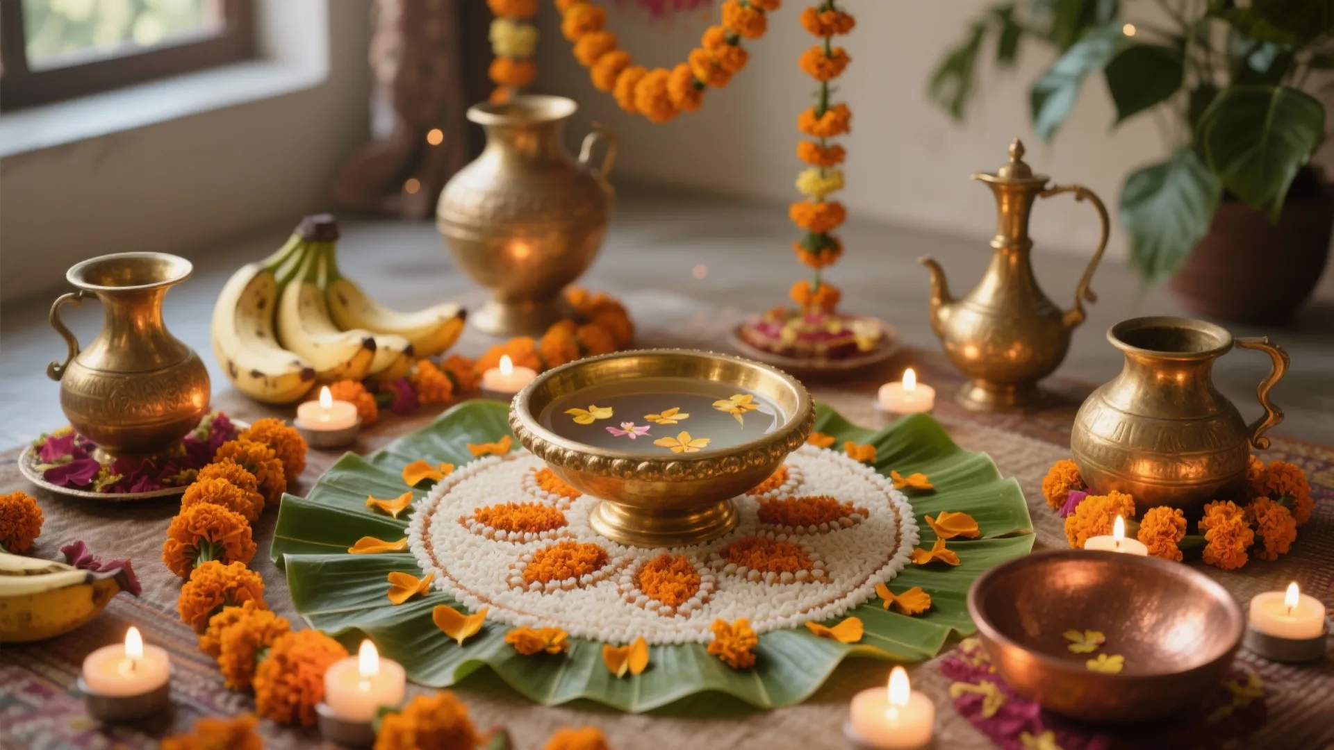 Brass, Flowers, and Eco Rangoli Backdrop