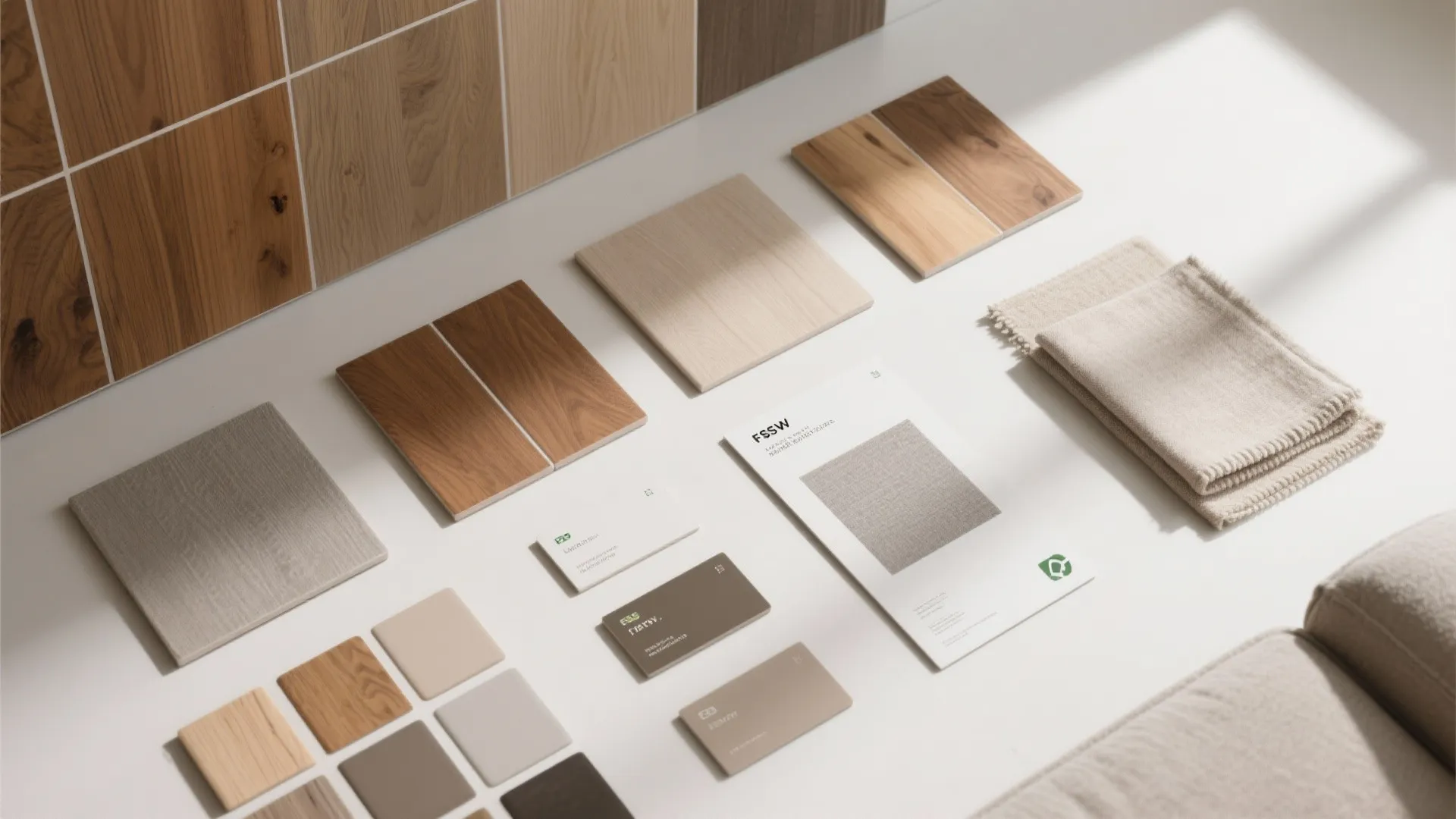 Wooden floor samples and fabric materials laid out with design documents on a white surface