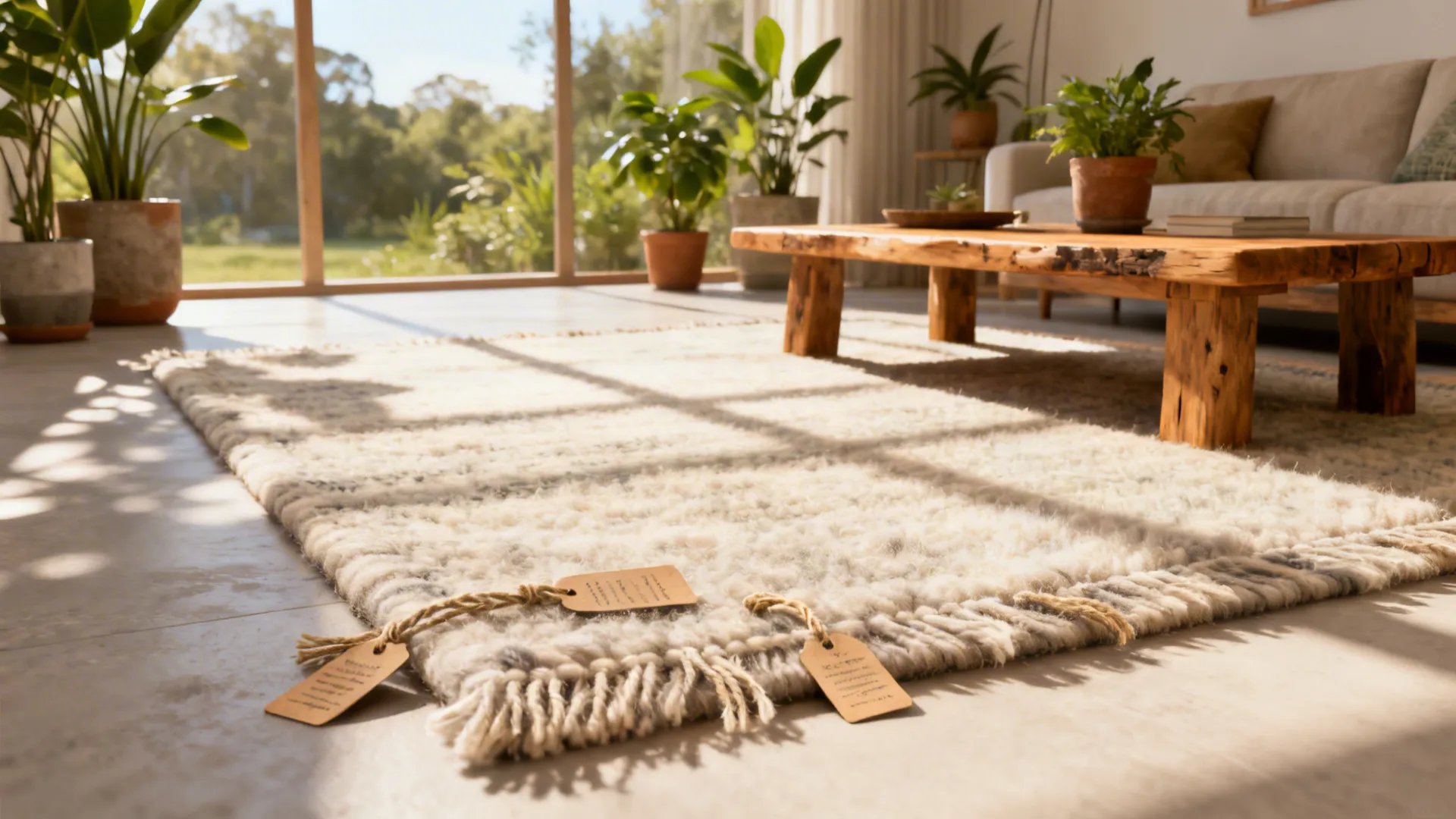 Eco-friendly living room featuring a sustainable wool rug and indoor plants.