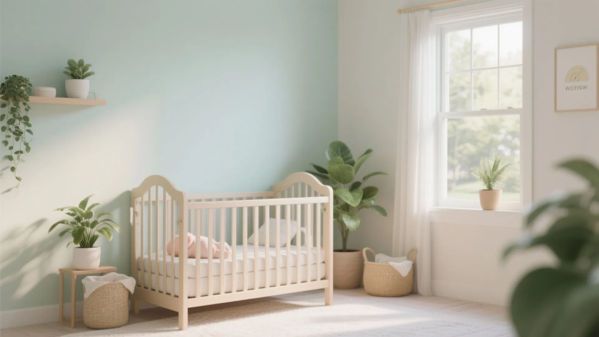 Modern baby nursery with light green walls wooden crib green plants window and natural light