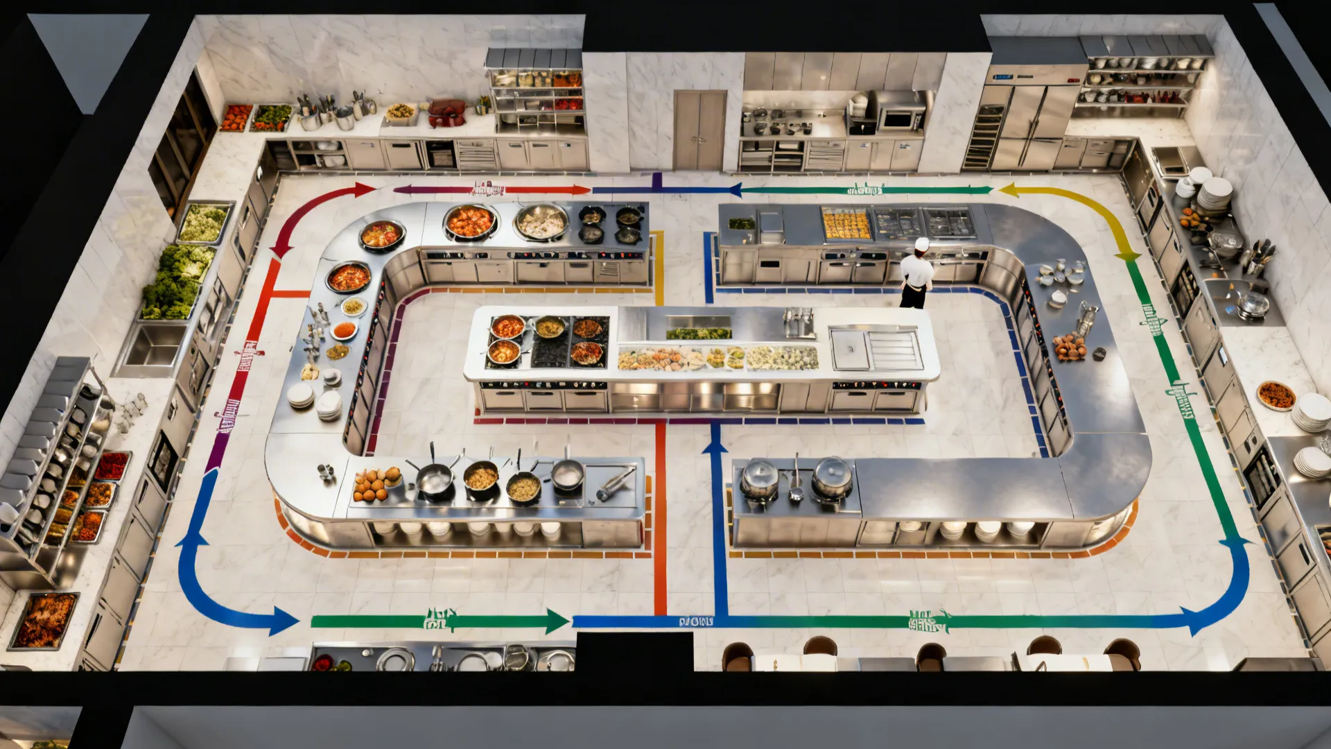 Top view of a professional kitchen layout showing stainless steel counters with colorful floor path arrows