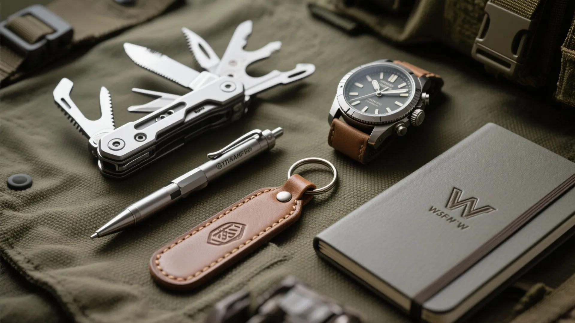 Silver multi-tool, metal pen, wrist watch with brown strap, keychain, and grey notebook on green
