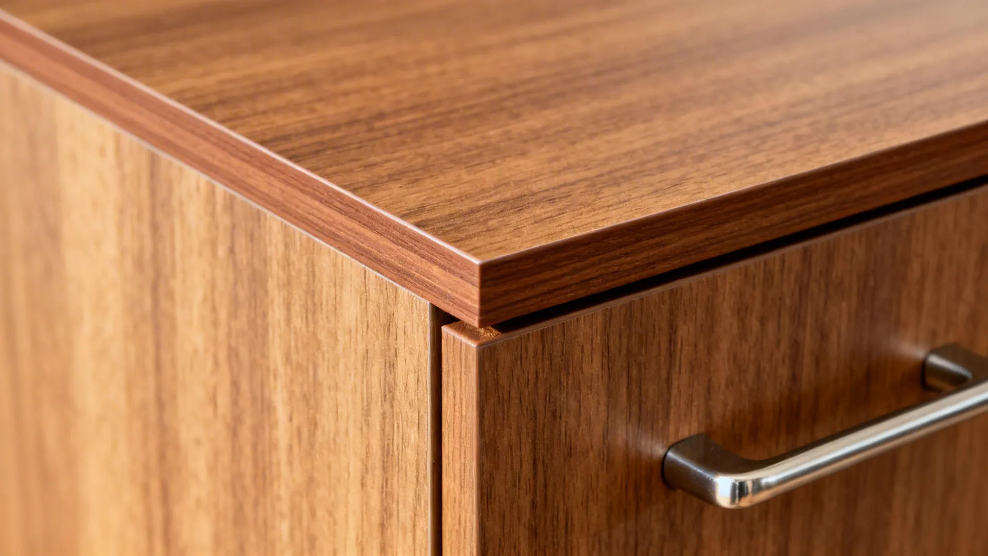 Macro of 2 mm edge band on wood-look laminate with stainless handle.