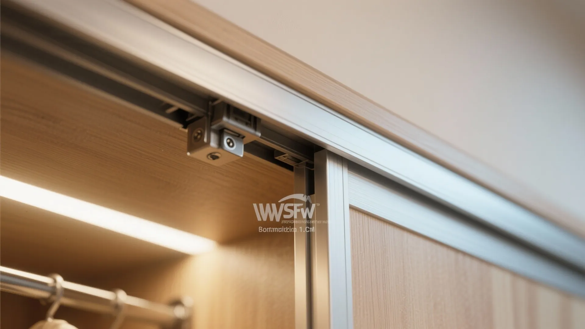 Close up of a wooden sliding door track and metal rollers inside a lighted cabinet