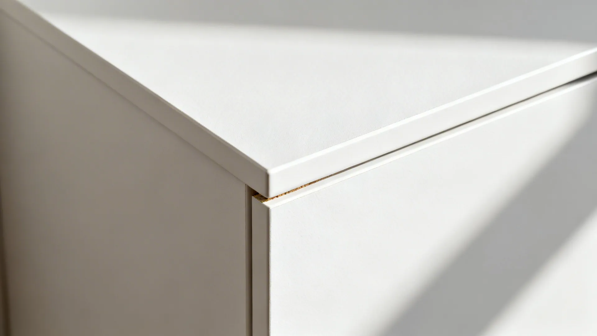 Macro of matte white laminate shutter with precise edge banding over moisture-resistant plywood.