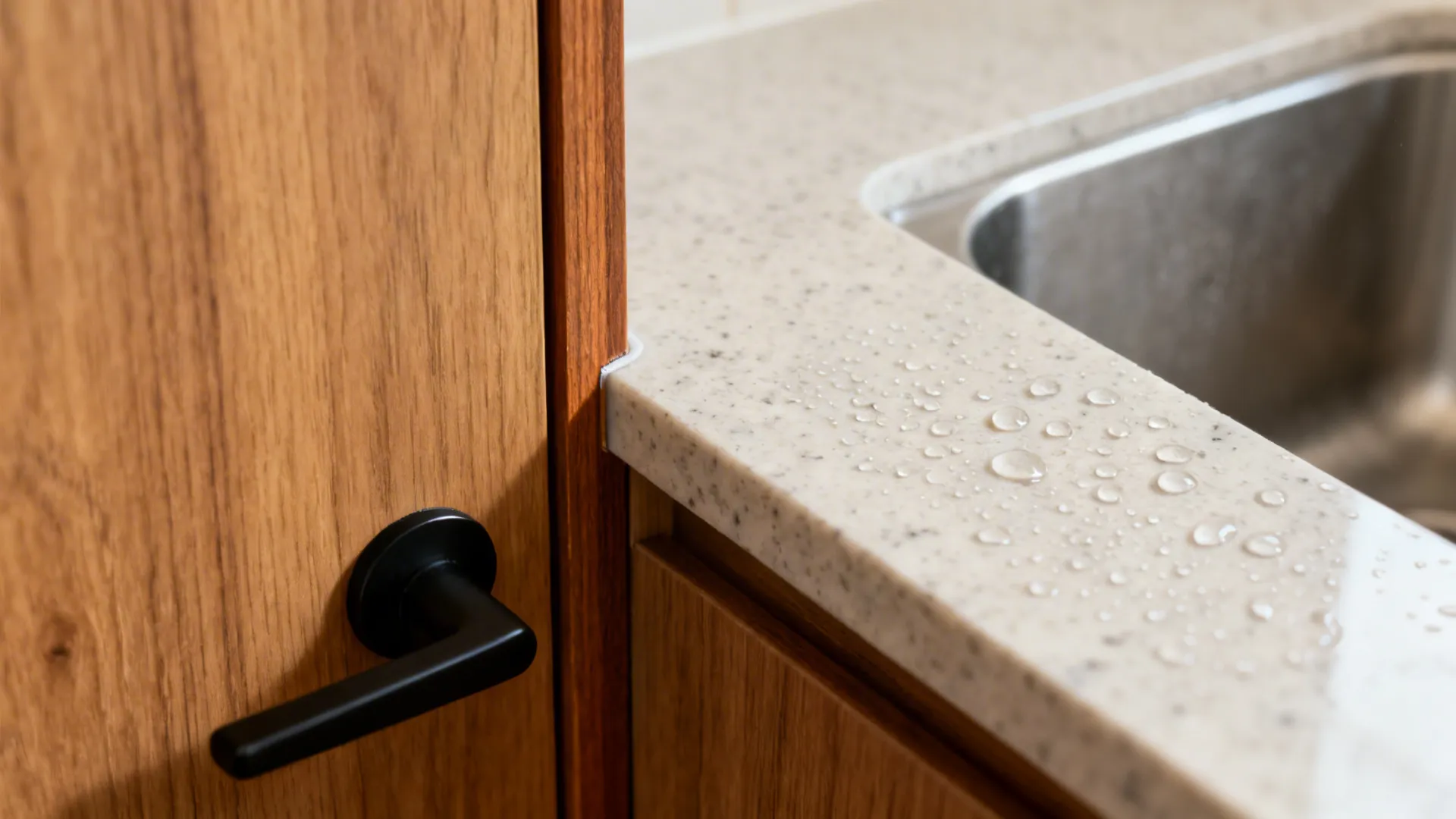 Macro of oak-look laminate door with sealed edge next to quartz by the sink.