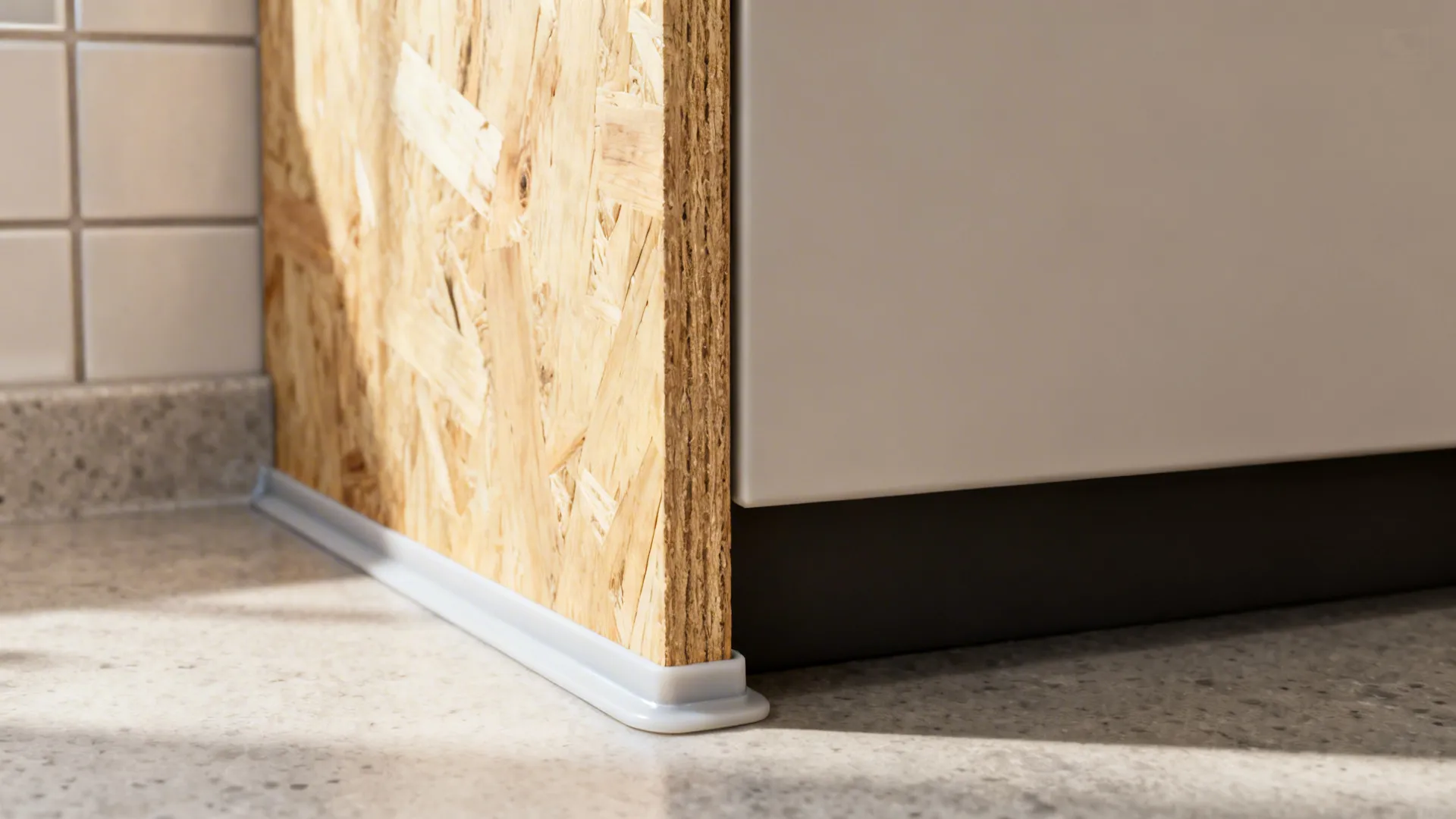 Close-up of plywood carcass with ABS/PVC edge banding and a neat silicone seal near a wet area.