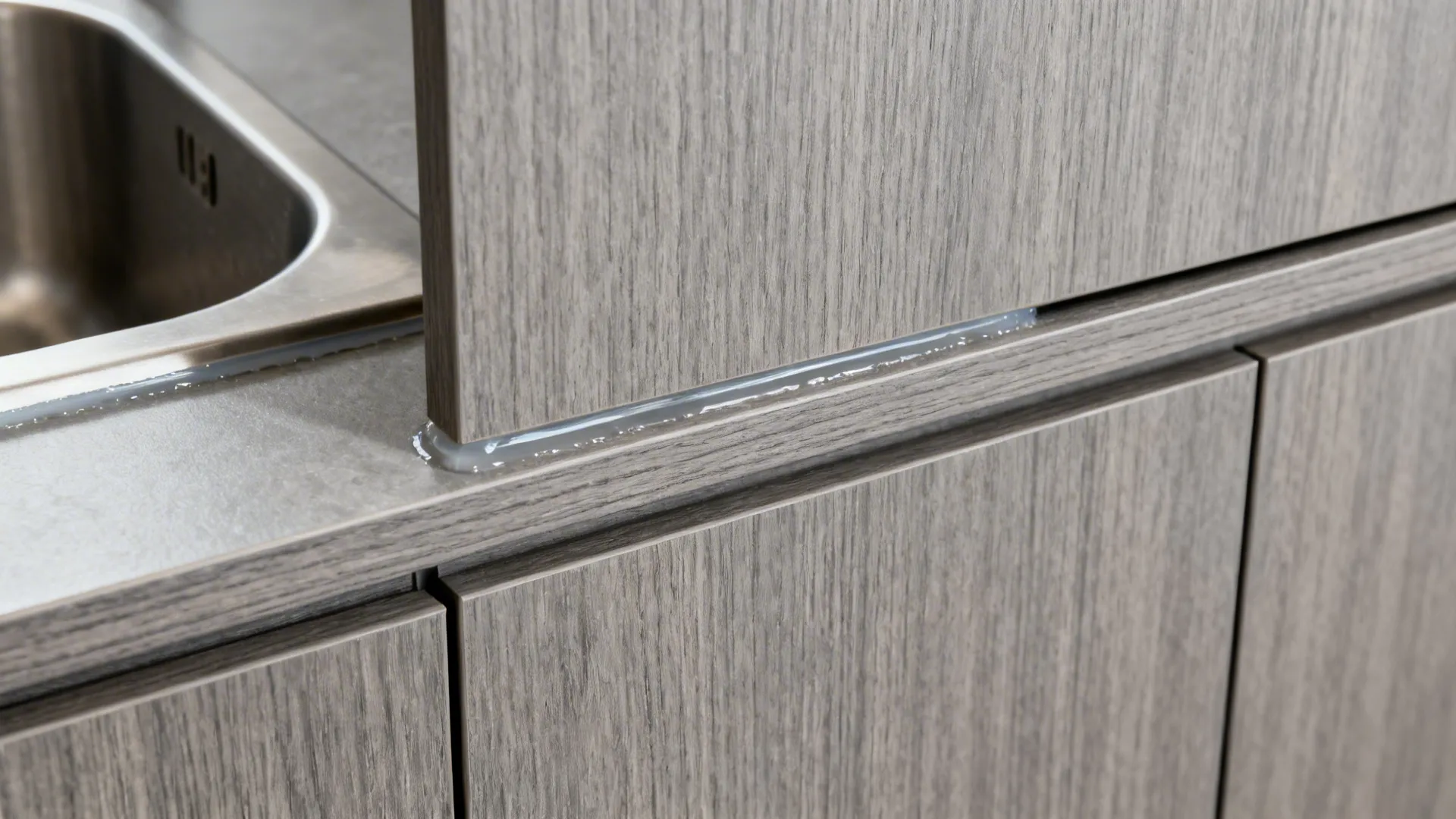 Close up view of clear glue applied to grey wood grain cabinet panels near kitchen