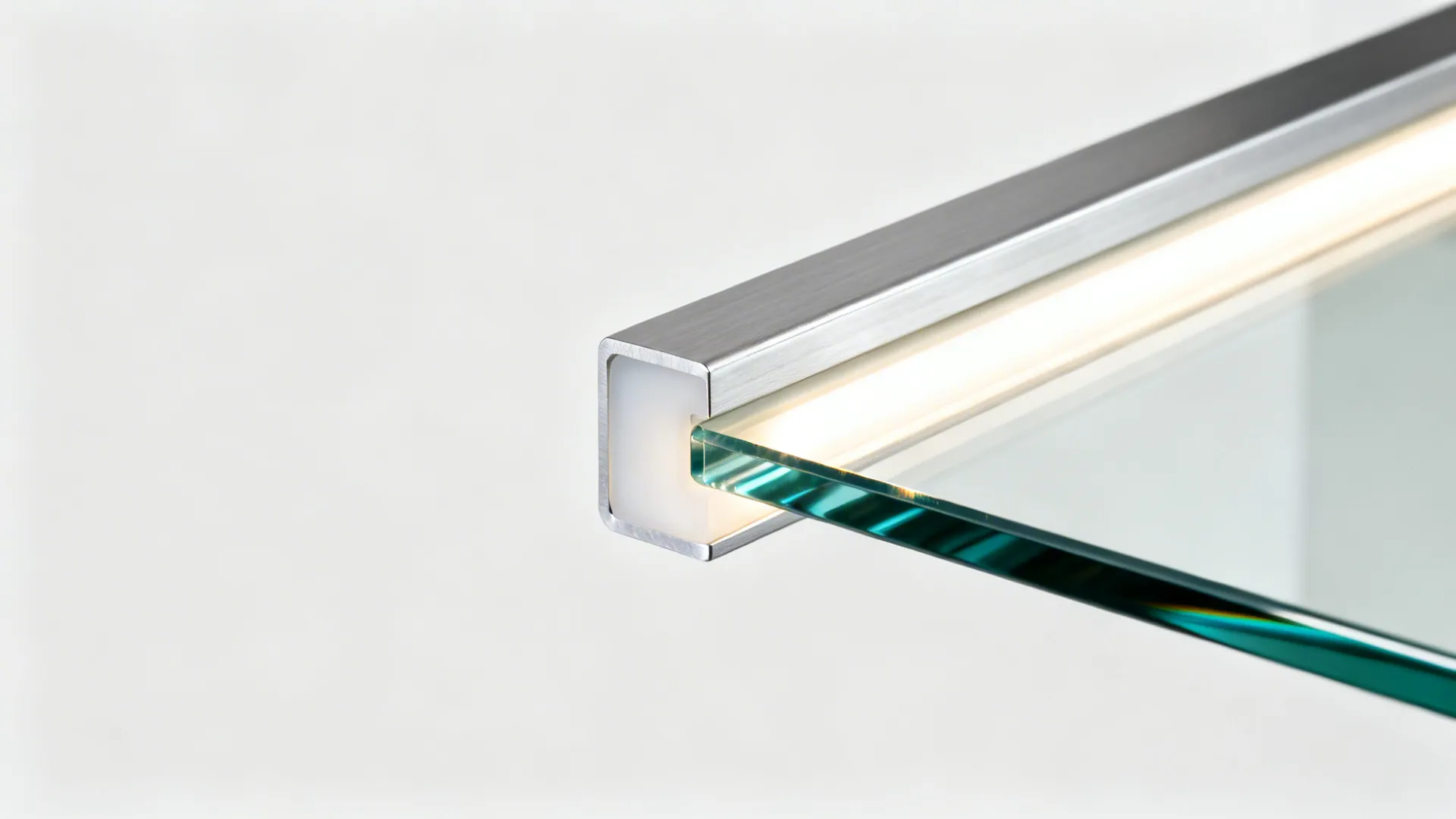 Metal light fixture detail showing a silver frame holding a clear glass shelf with bright light