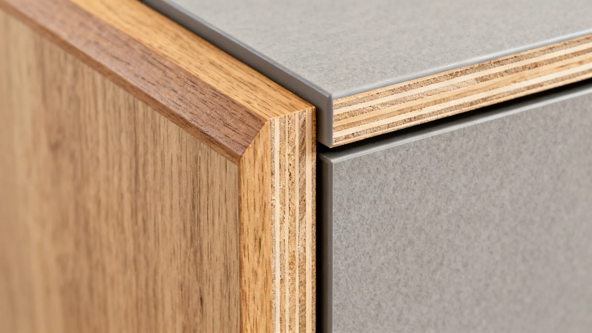 Macro of cabinet panel edge comparing ABS edging with solid wood edge on matte and veneer finishes.