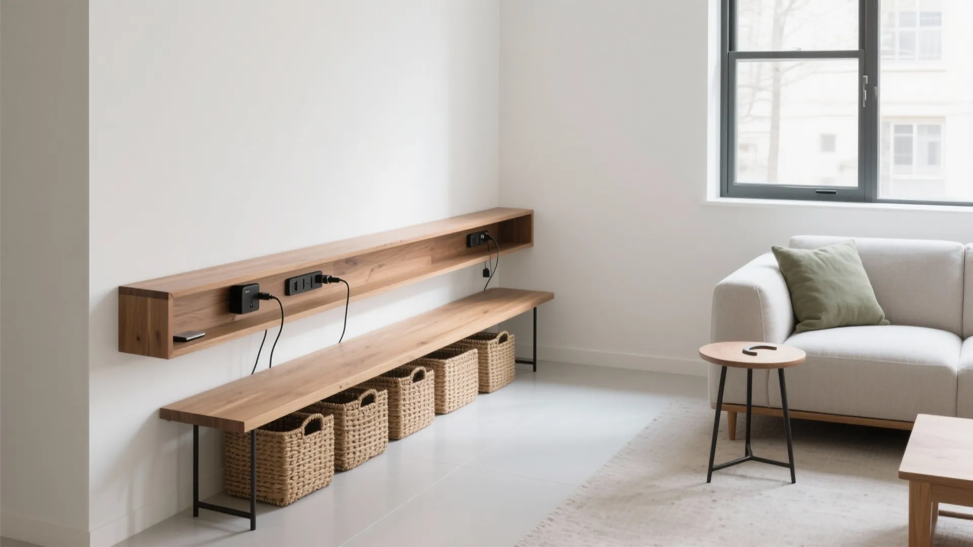 Slim console behind a sofa, a narrow window bench with baskets, and a C-table tucked under an armrest.