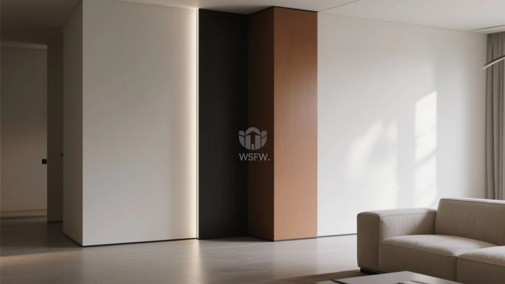 Modern living room corner with black and wood wall panels and a built-in light fixture