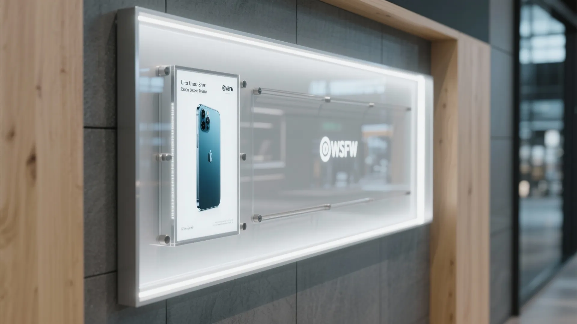 Illuminated display board on a grey wall showing a phone advertisement with warm wood frame accents