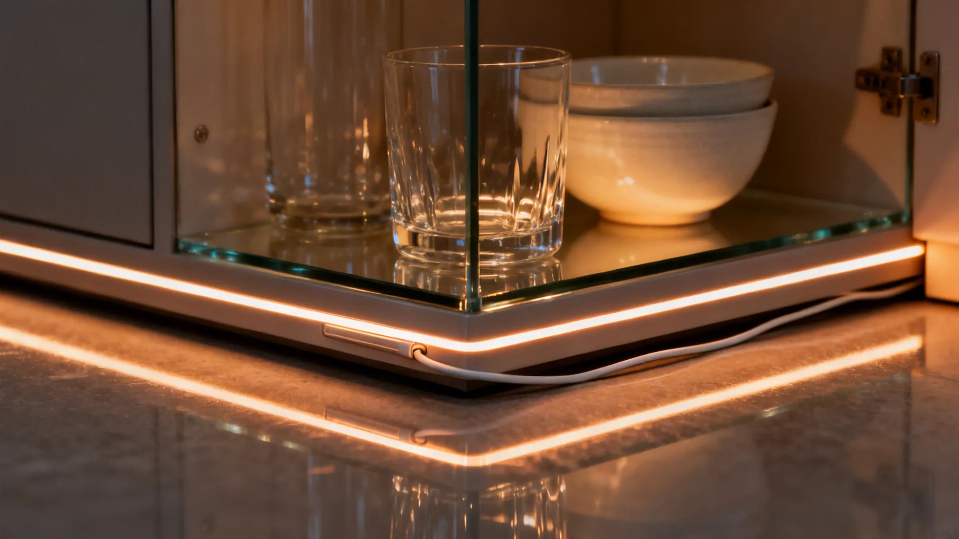 Edge-lit glass shelf in an open corner unit glowing warmly with polished rim and clear glassware.