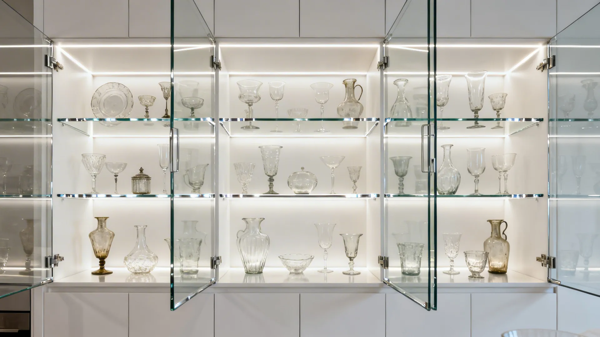 White display cabinet with glass doors and shelves showing glassware illuminated by bright led lights