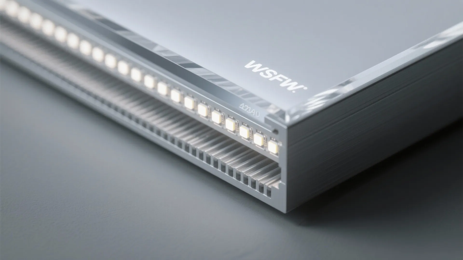 Close up of a silver metal light fixture with a row of small bright white lights