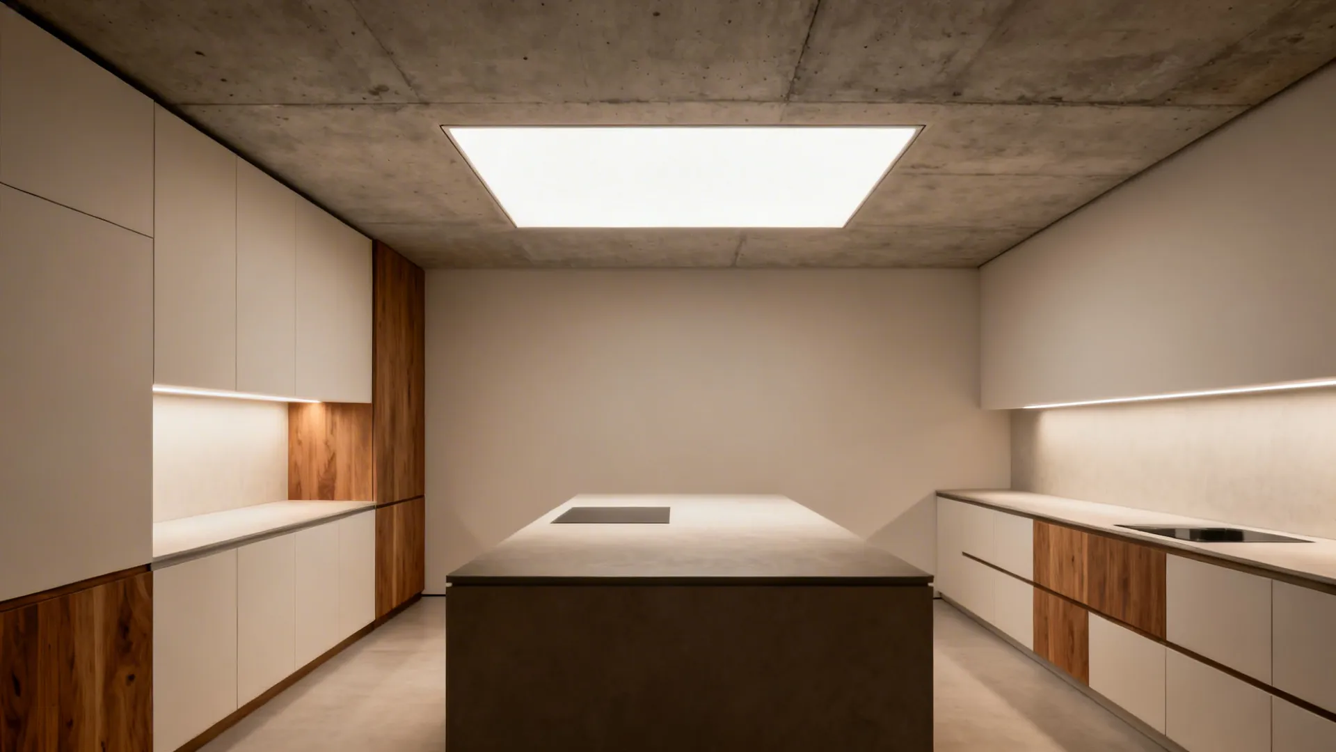 Minimal kitchen with an edge-lit ceiling panel providing uniform, shadow-free light.