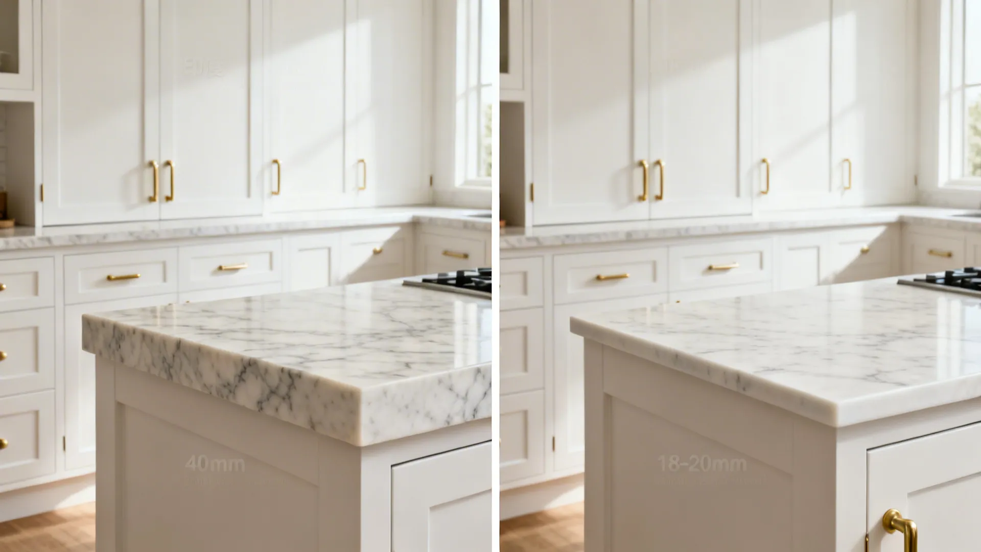 Before-and-after showing a bulky 40 mm edge versus a slim 18–20 mm eased marble edge.