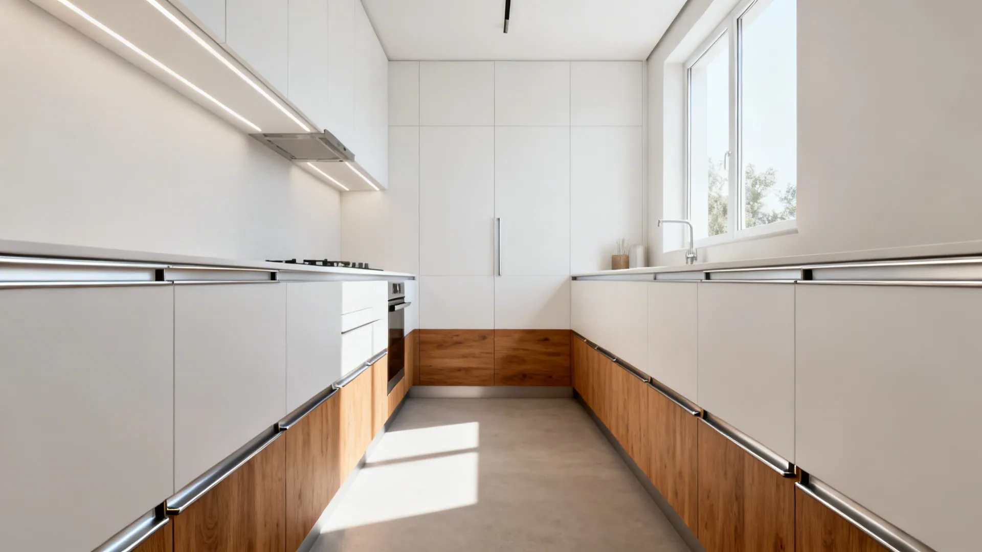 Narrow galley kitchen with integrated J-profile edge handles and no protruding hardware.