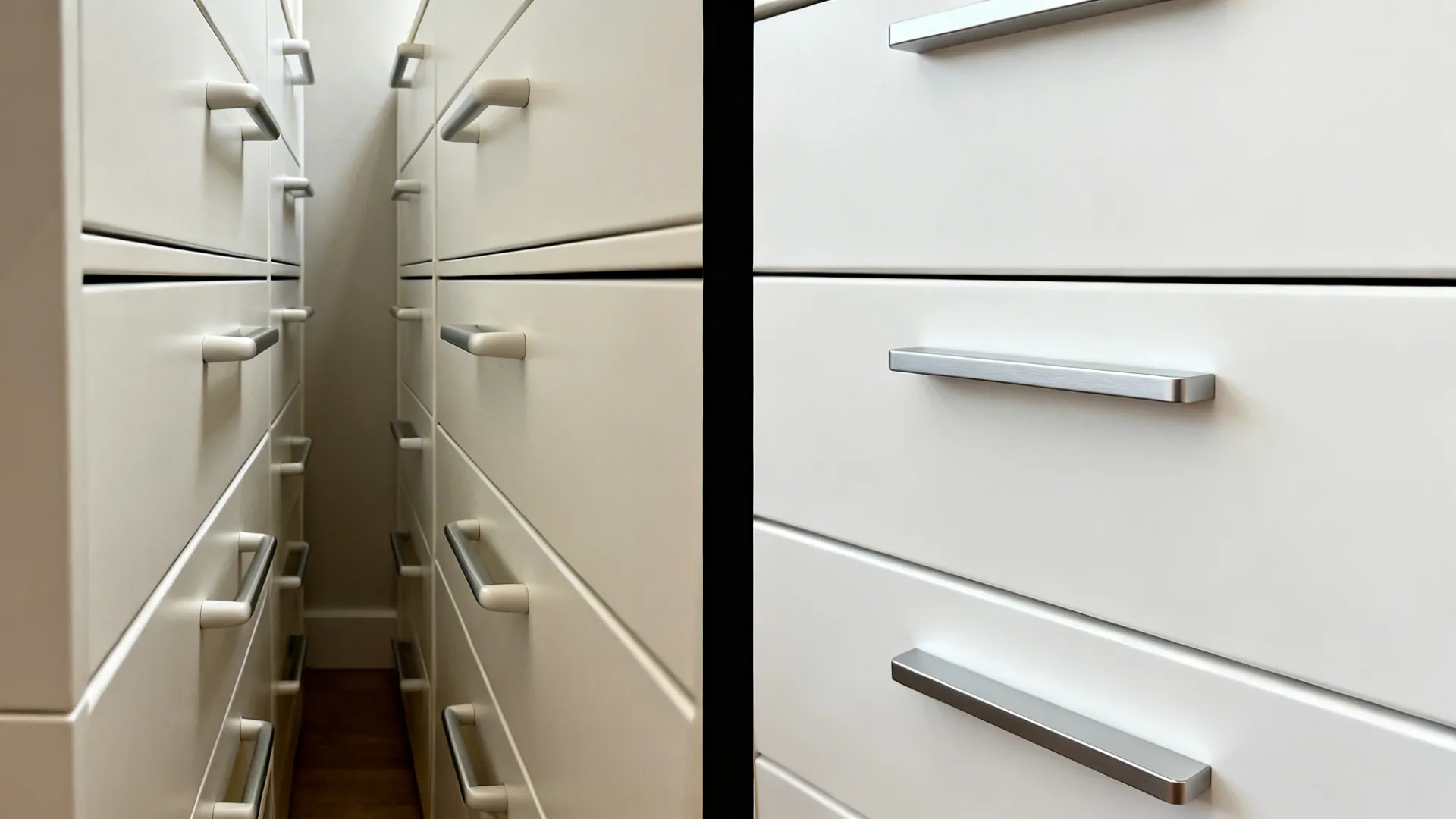 Before-and-after comparing bulky pulls versus slim edge pulls in a tight aisle.