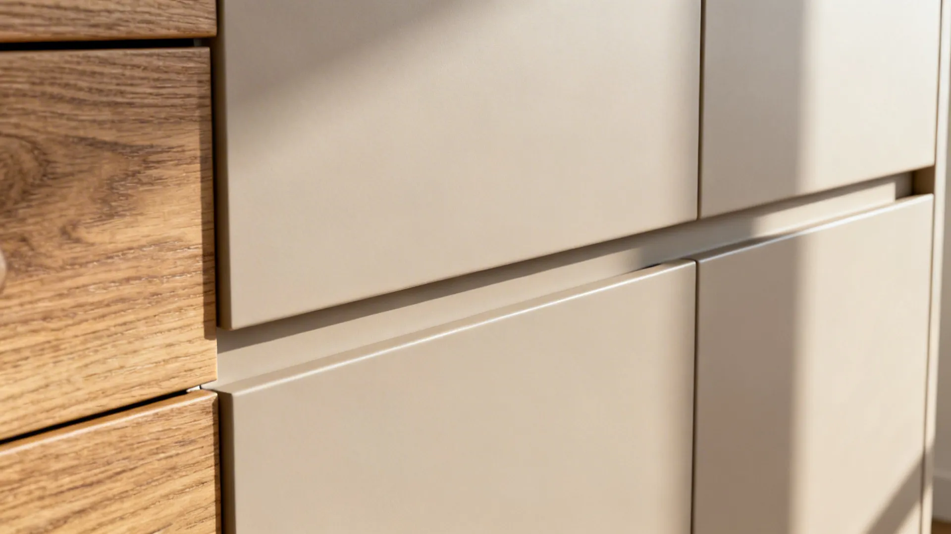 Close-up of a matte slab cabinet with an integrated edge pull and clean reveal lines.