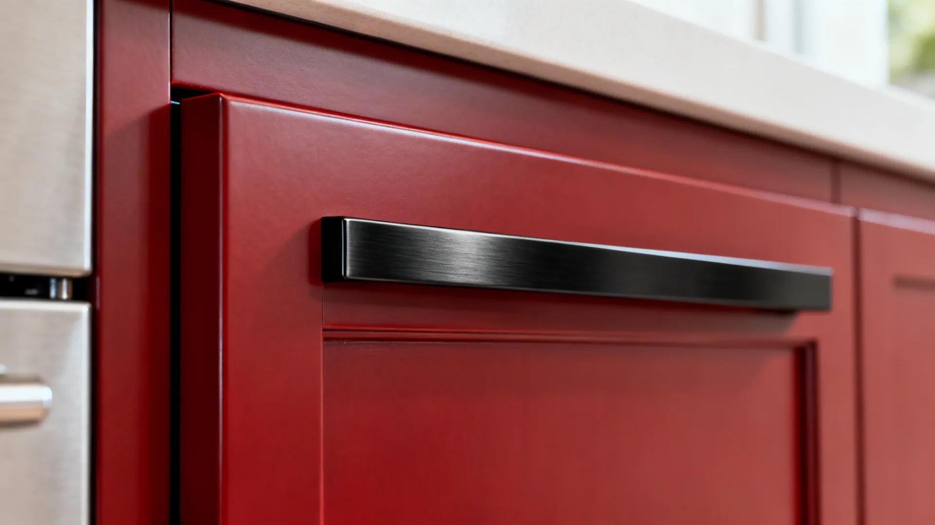 Close-up of cherry red cabinet with slim black edge pull and tight reveals.