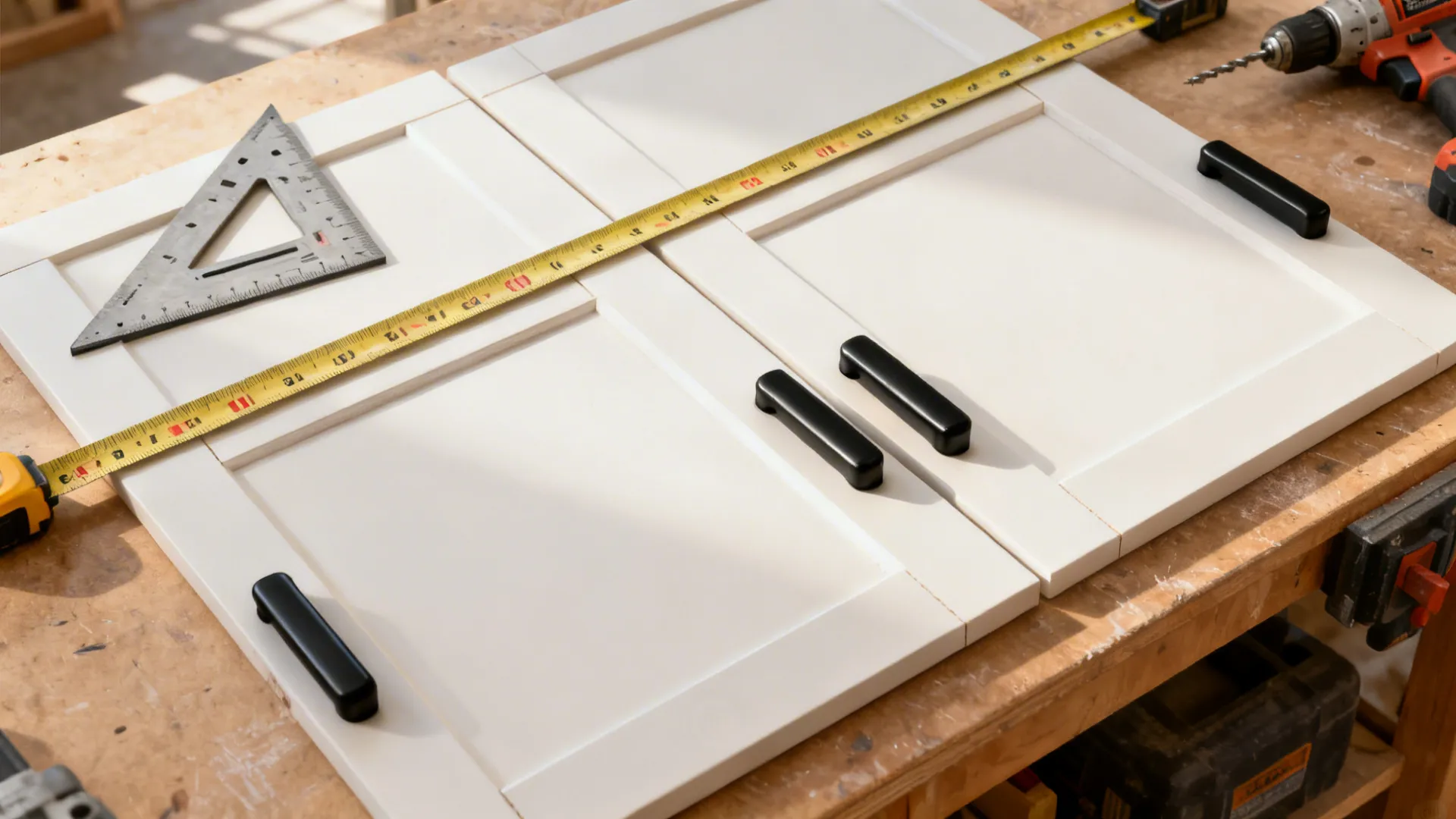 Top-down view of edge pull alignment with tools and precise offsets.