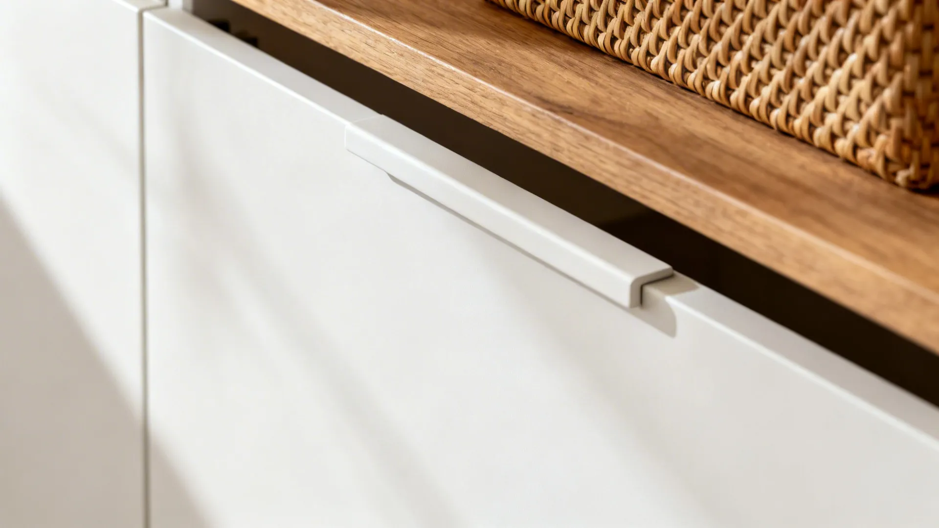 Macro of slim edge pull on a matte white cabinet with warm oak accents in soft focus.