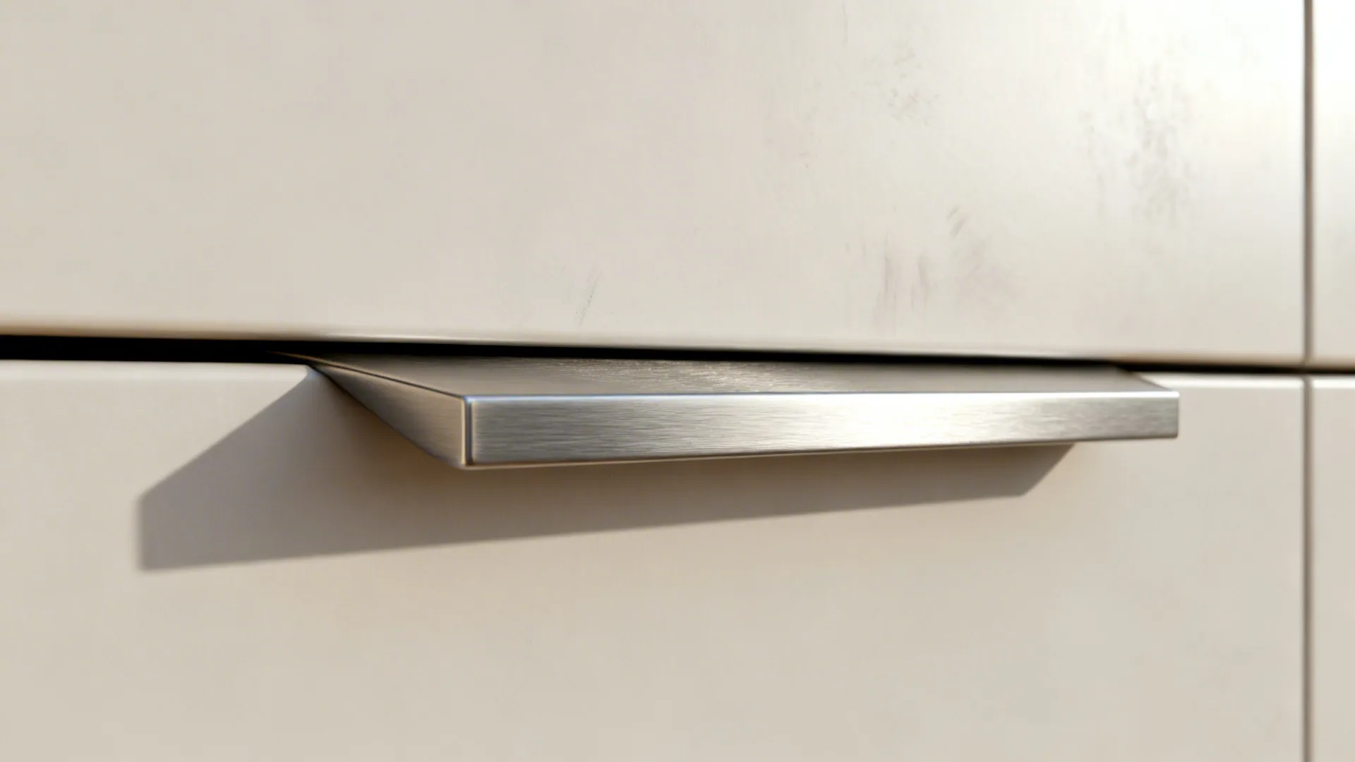 Close-up of a concealed brushed nickel edge pull under an upper cabinet door.