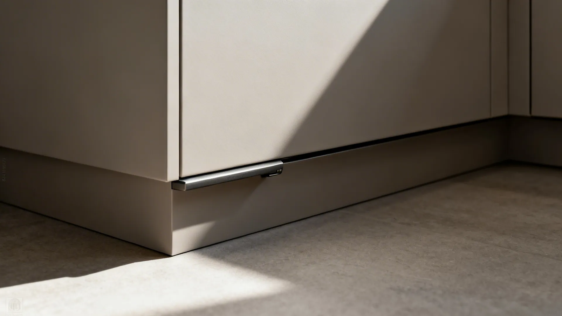 Macro of slim edge pull and matte cabinet finish with soft-close hinge detail.