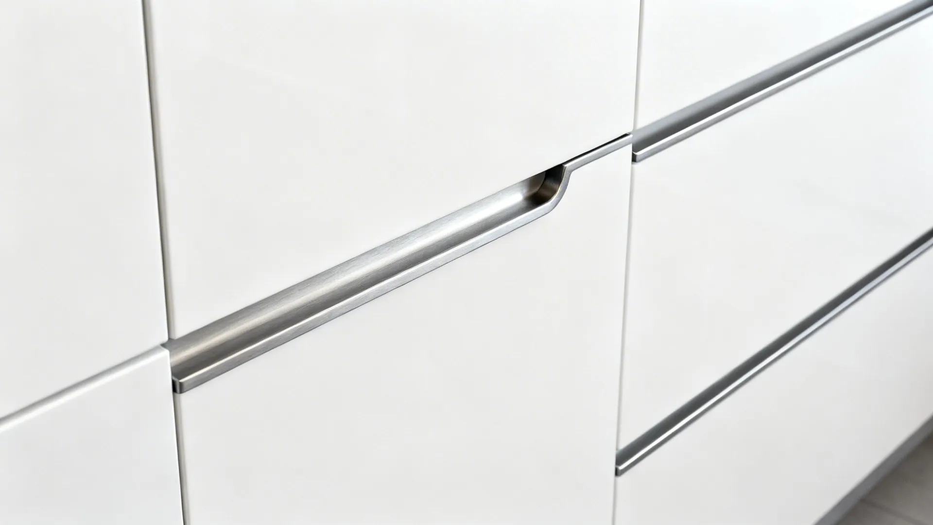 Macro detail of a brushed aluminum edge pull and finger rail on white slab cabinetry.