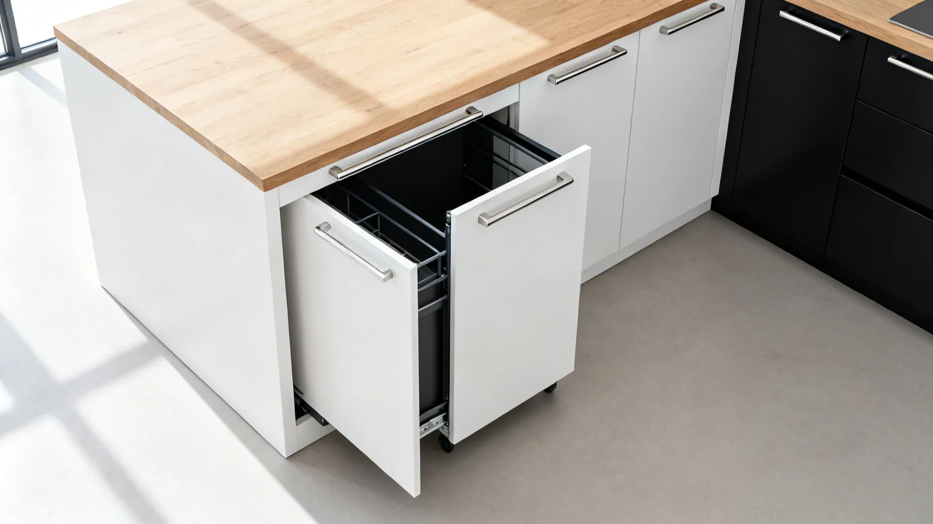 Top-down view of slim edge-pulls under a trolley’s top panel lip for a minimal look.