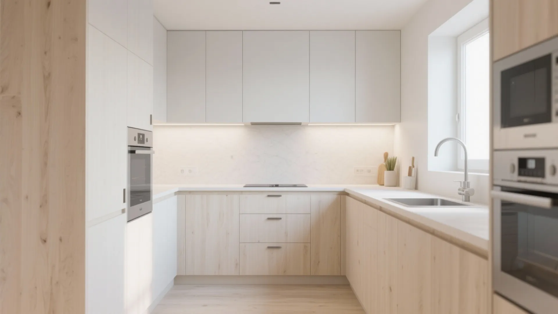 Minimalist white kitchen with wood cabinets light countertop built in oven and clean modern look