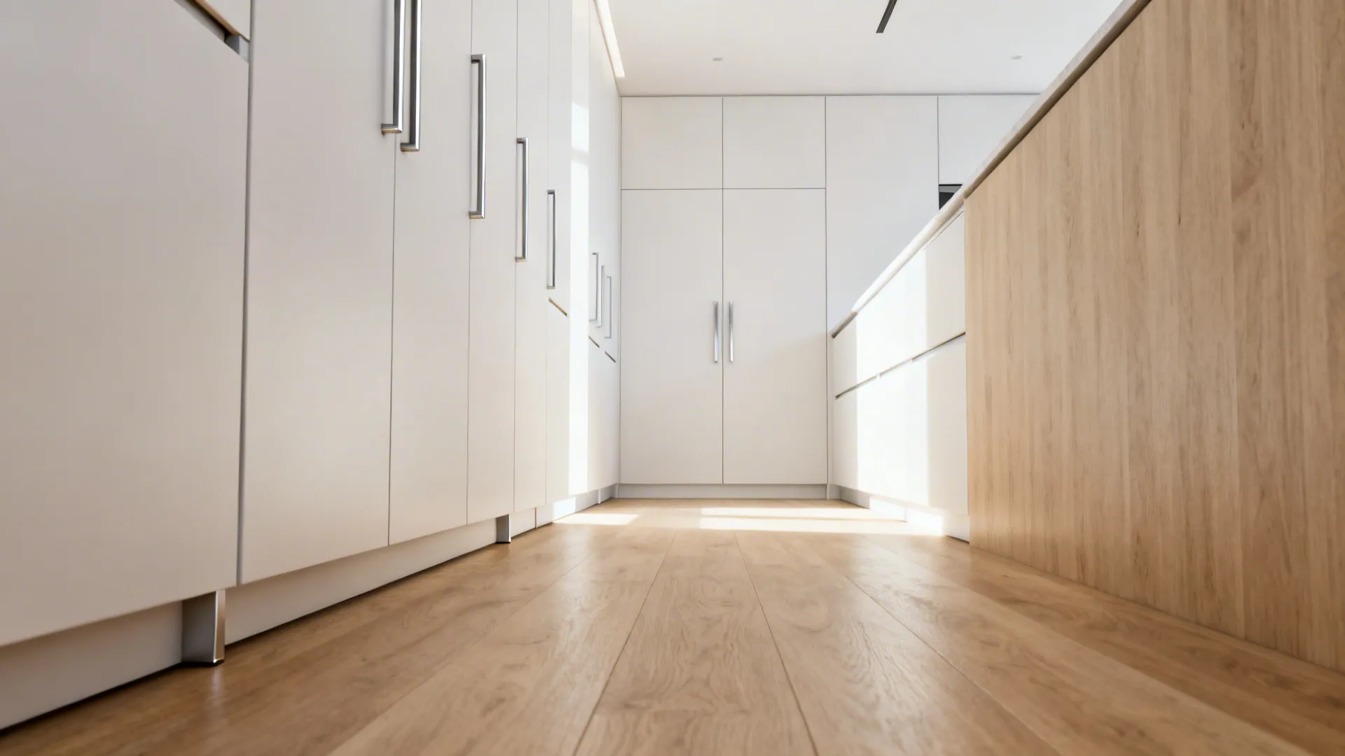 Streamlined corridor kitchen with slim edge pulls and recessed finger grooves.