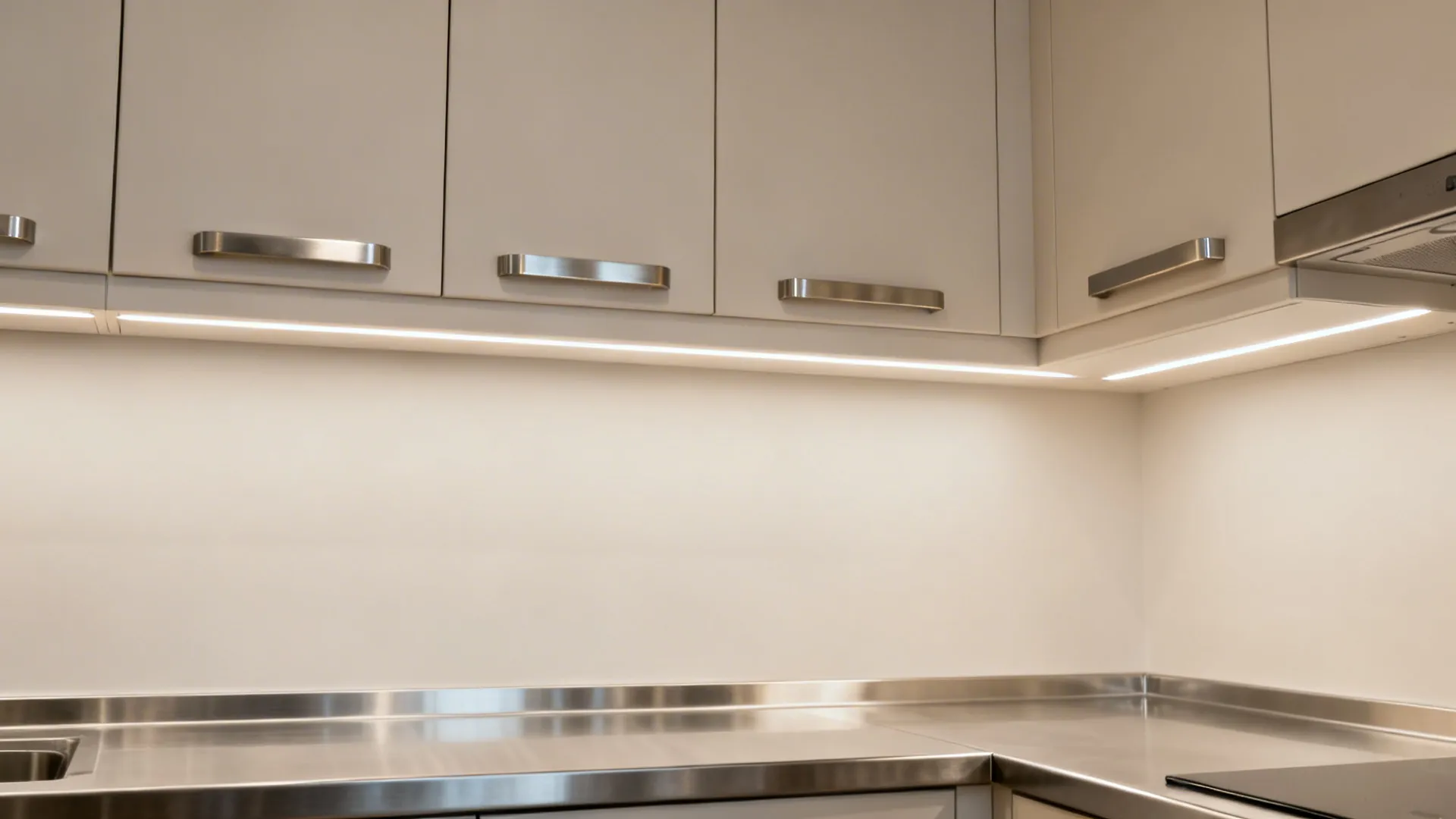 Small modern kitchen with seamless slab fronts and brushed stainless edge pulls.