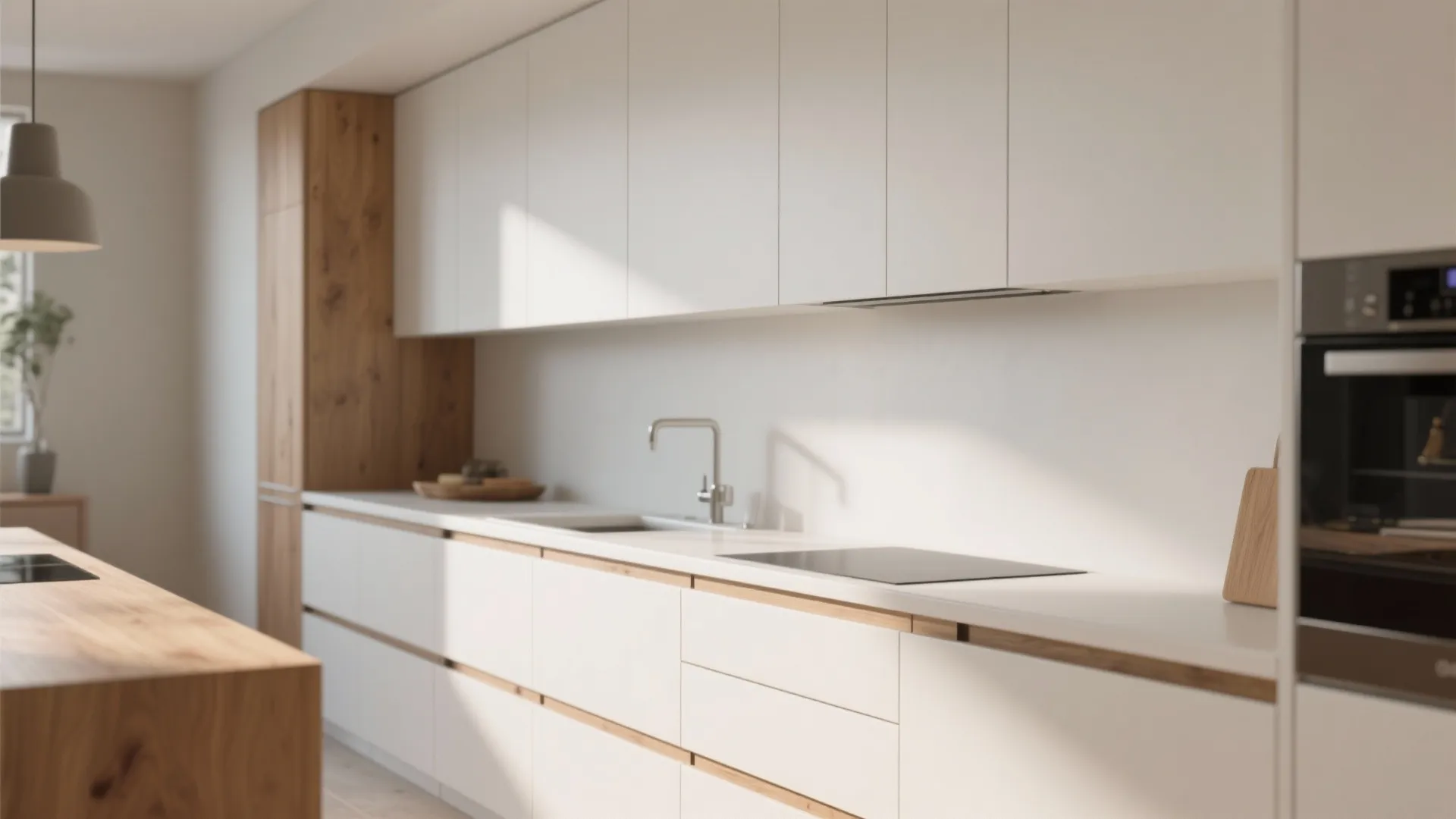 Modern white kitchen cabinets with hidden handles featuring a wooden tall cabinet and white countertop