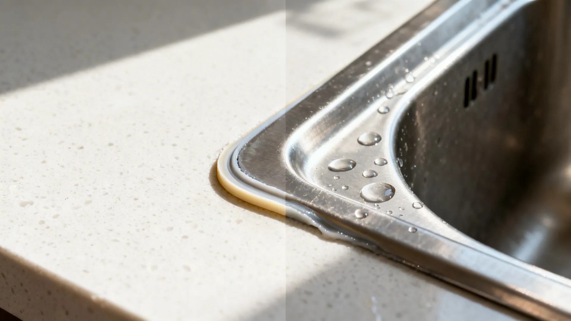 Macro comparison of sealed sink cutout edge versus an unsealed edge beginning to swell.