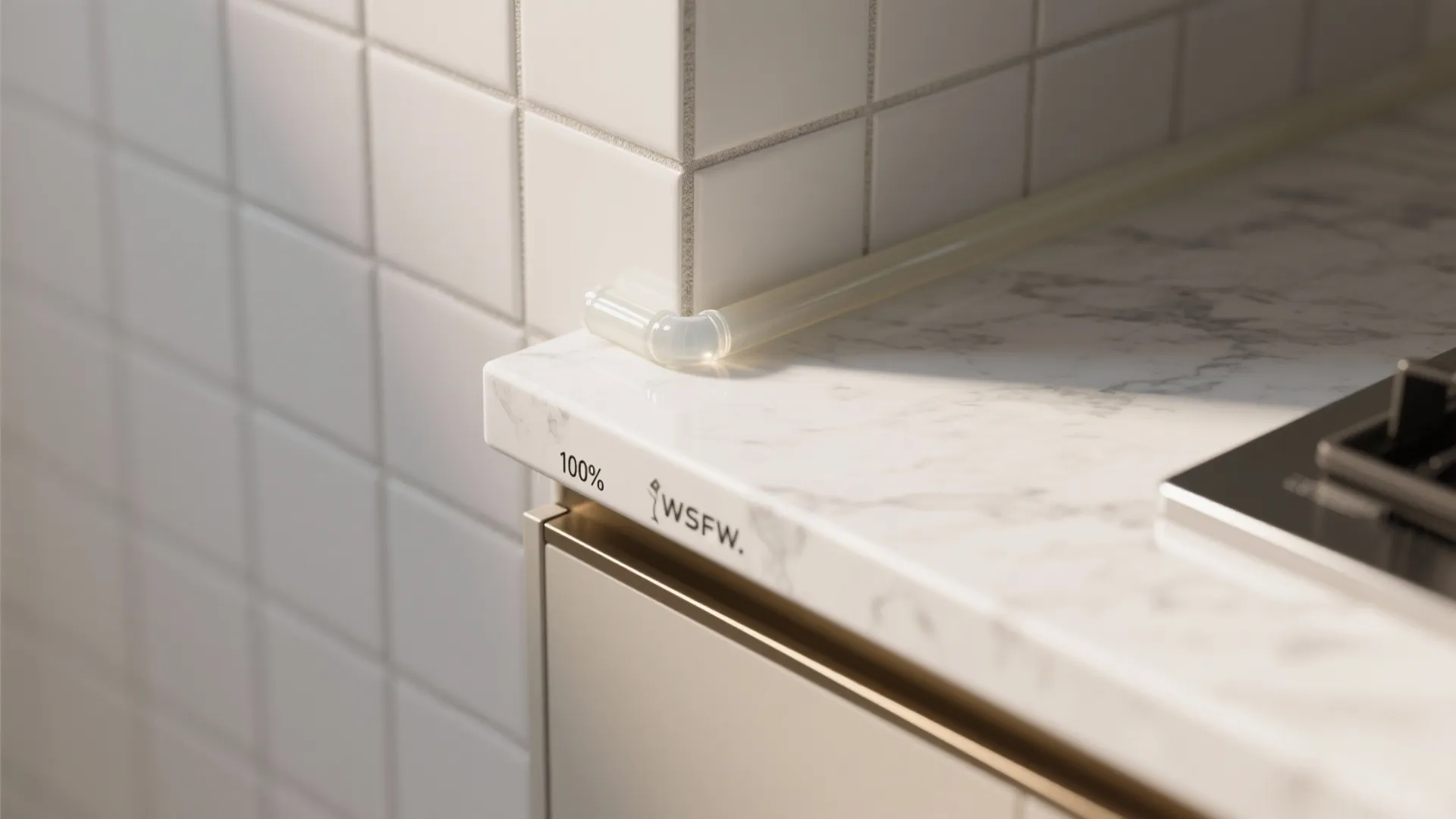 Kitchen marble countertop corner with white wall tiles and a clear plastic safety edge protector